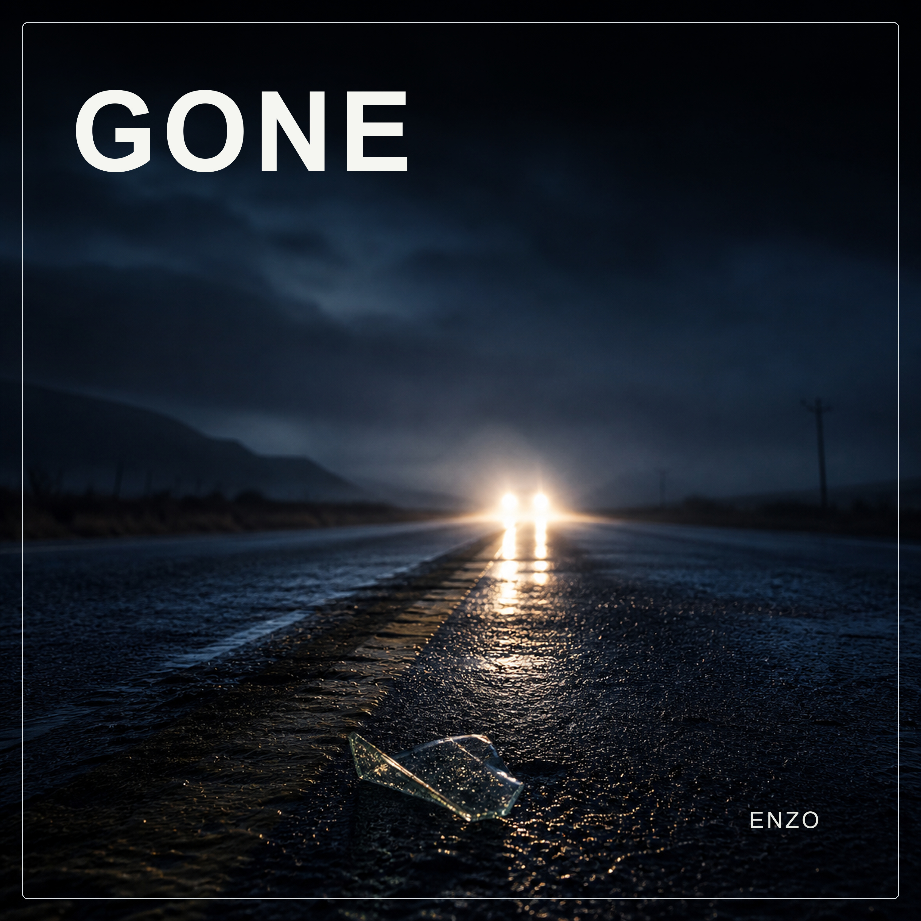 GONE single artwork: a dark road, broken glass, and headlights